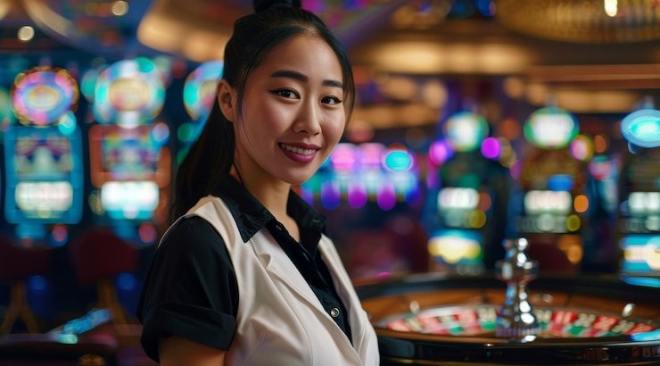 Studio blackjack dealer langsung tototogel4d dengan multi-kamera HD